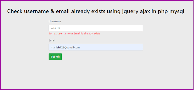 How to Check username & email already exists using jquery ajax in PHP mysql