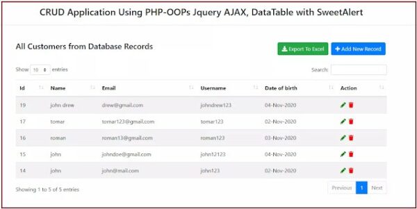 CRUD Application Using PHP-OOPs Jquery AJAX, Data-Table with Sweet Alert